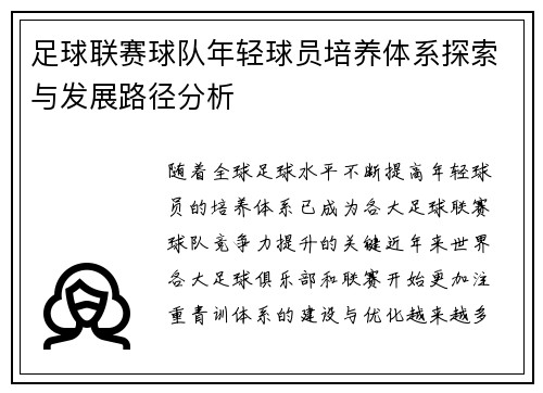 足球联赛球队年轻球员培养体系探索与发展路径分析